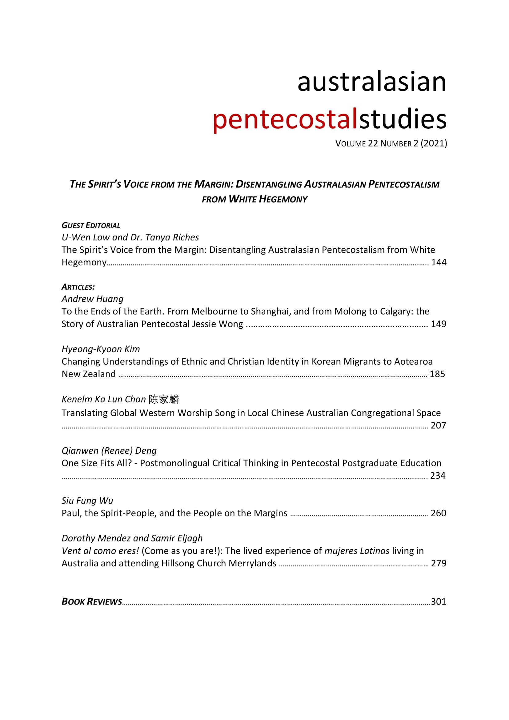 					View Vol. 22 No. 2 (2021): Australasian Pentecostal Studies
				