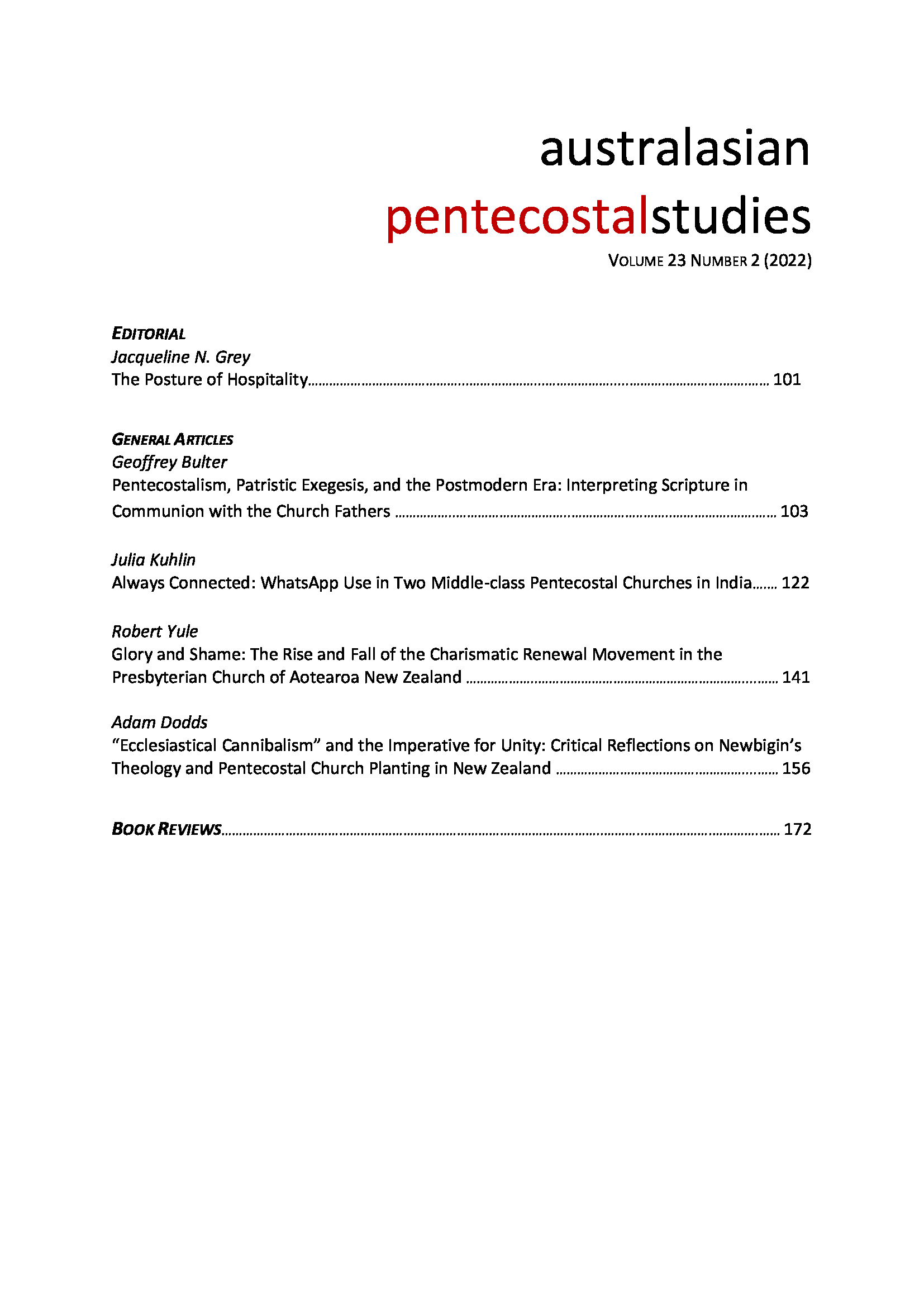 					View Vol. 23 No. 2 (2022): Australasian Pentecostal Studies
				